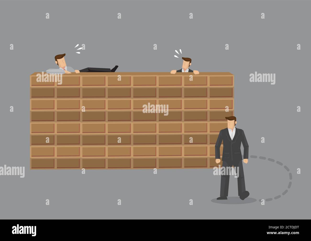 Two men trying to climb over brick wall and third man found just go around it. Creative vector illustration on metaphor for doing things the hard way Stock Vector