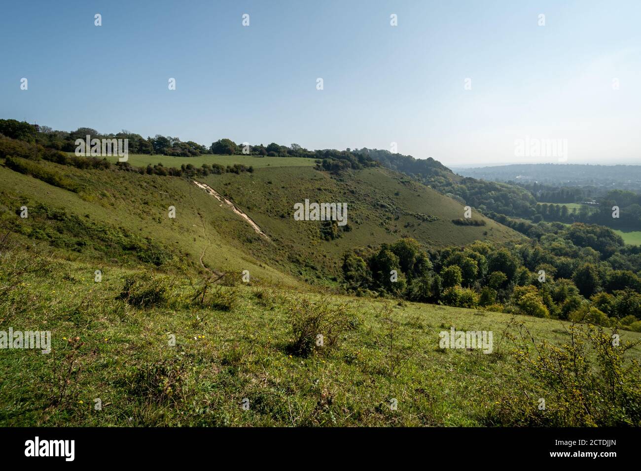 View of the landscape from Colley Hill in the Surrey Hills Area of Outstanding Natural Beauty in September, UK Stock Photo