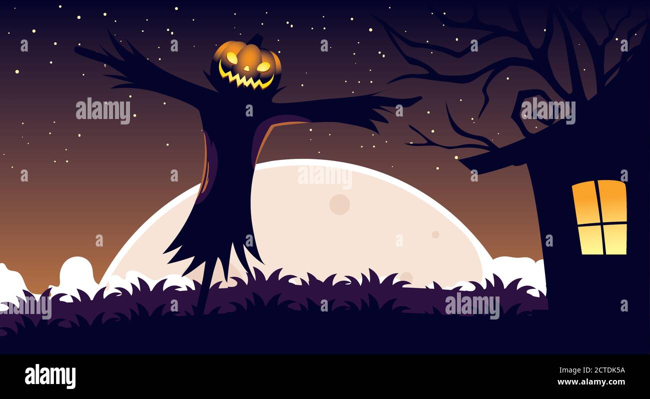 halloween background with scarecrow in the dark field vector ...