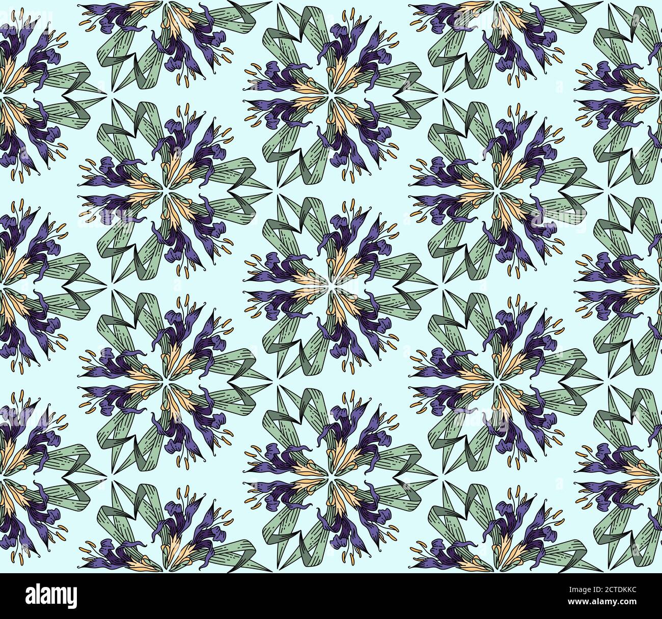 Irises vector seamless pattern as art nouveau botanical endless texture wallpaper or textile tile ornament in retro style. Stock Vector