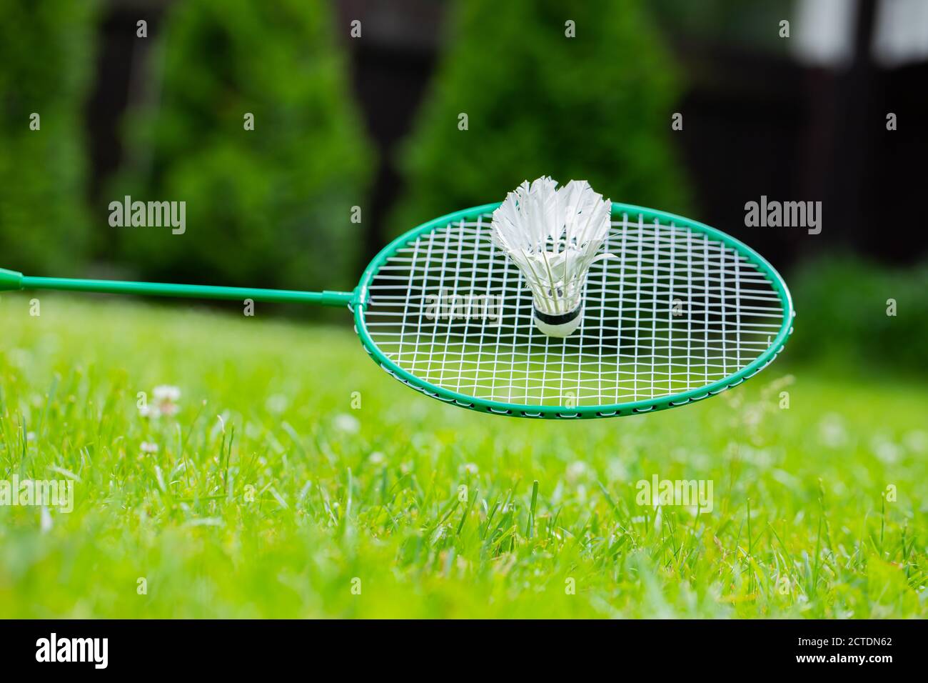 Close up Badminton racket and shuttle on green grass backgroung, copy