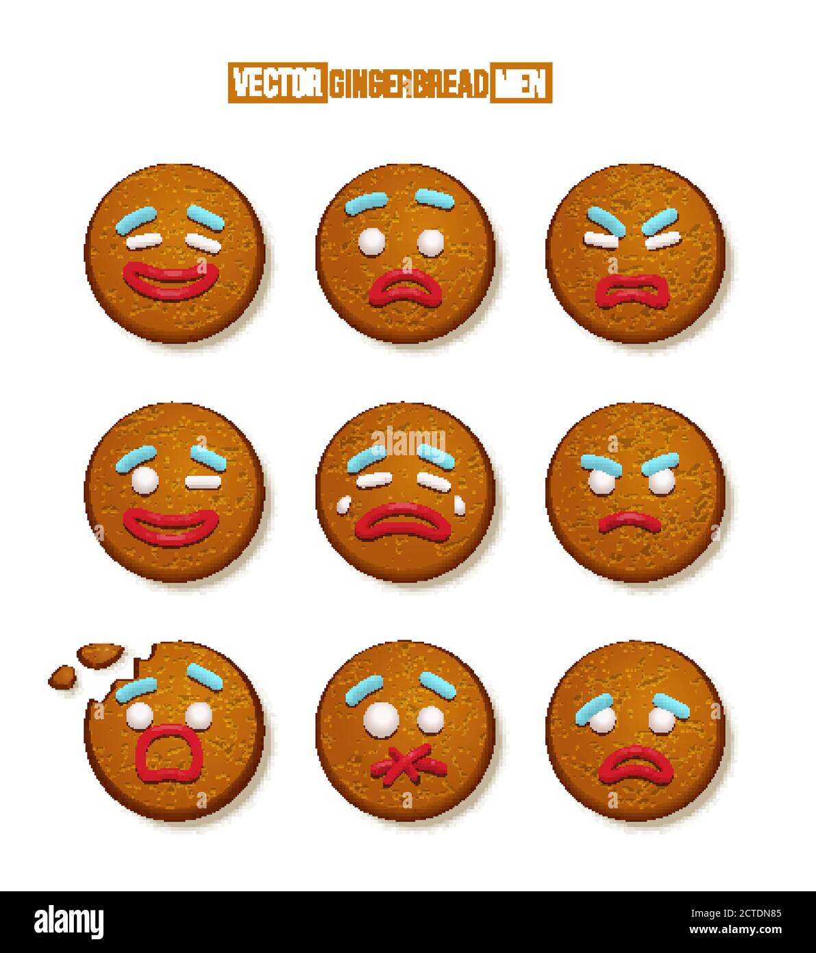 Gingerbread man cookies faces with different emotions set. Christmas candy decoration vector illustration. Happy, cheerful, cute, sad, angry, funny Stock Vector