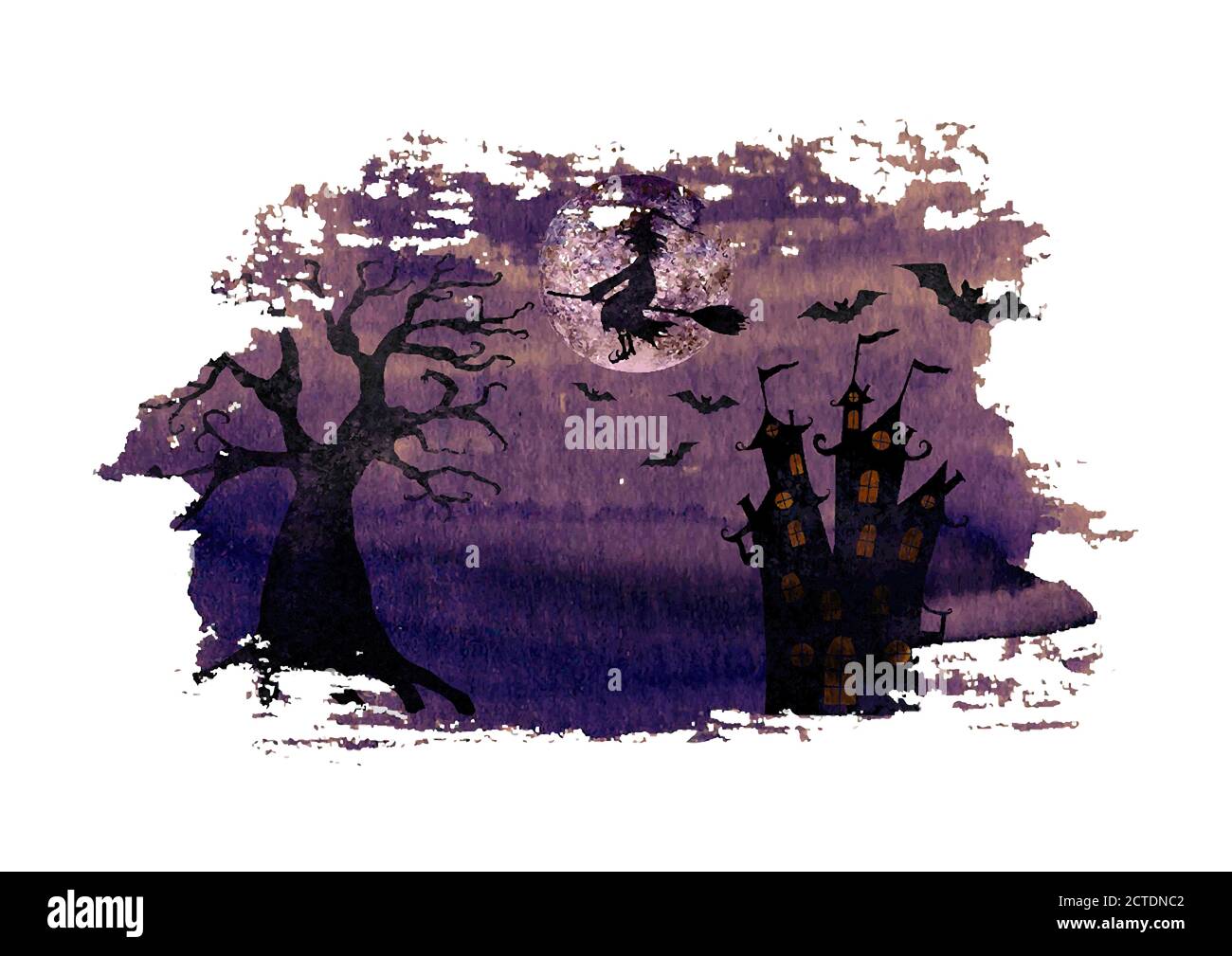 Halloween background with silhouettes of wicked witch flying on broom, terrible dead tree, castle, bats and full moon on watercolor hand drawn dark pu Stock Vector