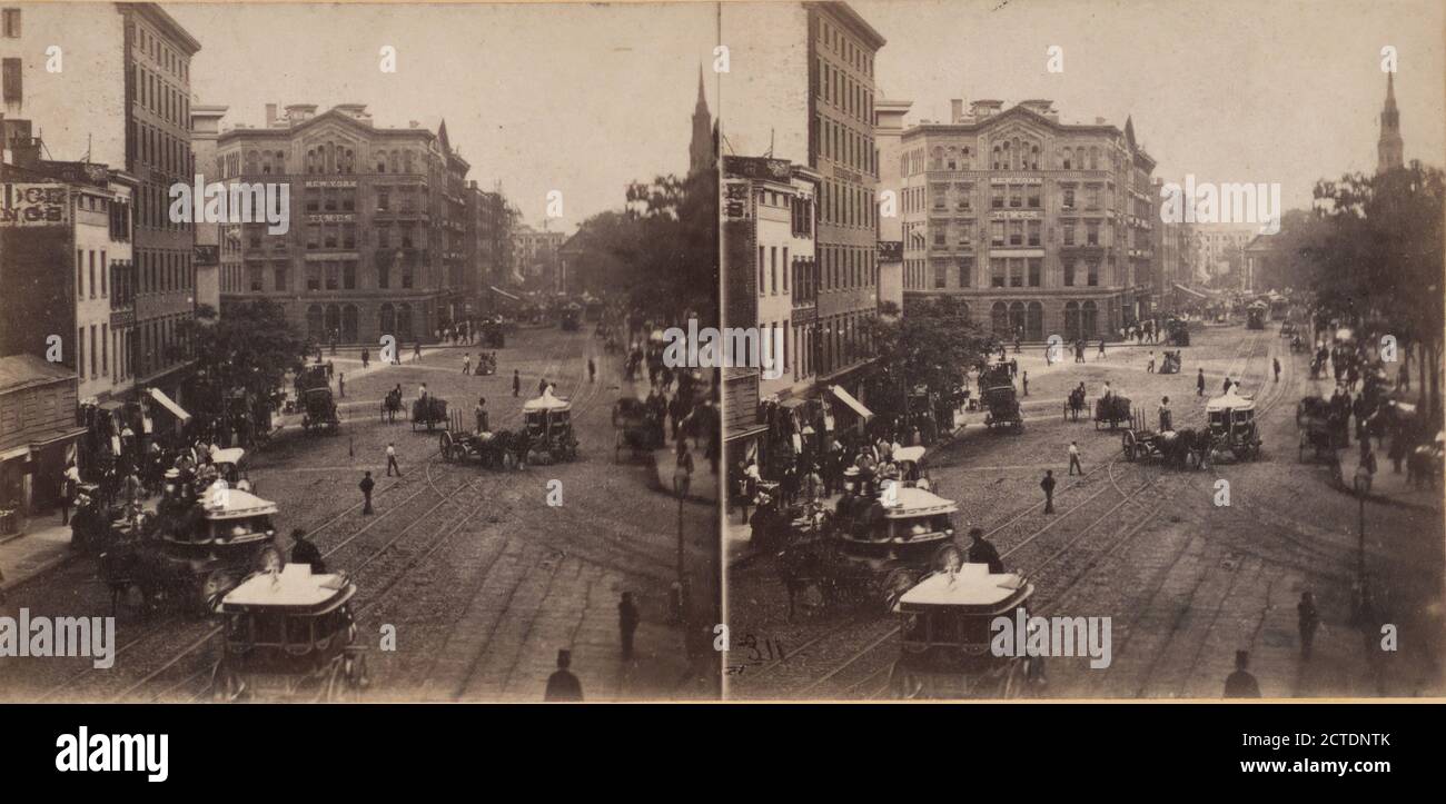 Park Row from Tryon Row, the City Hall Park on the right, showing the ...