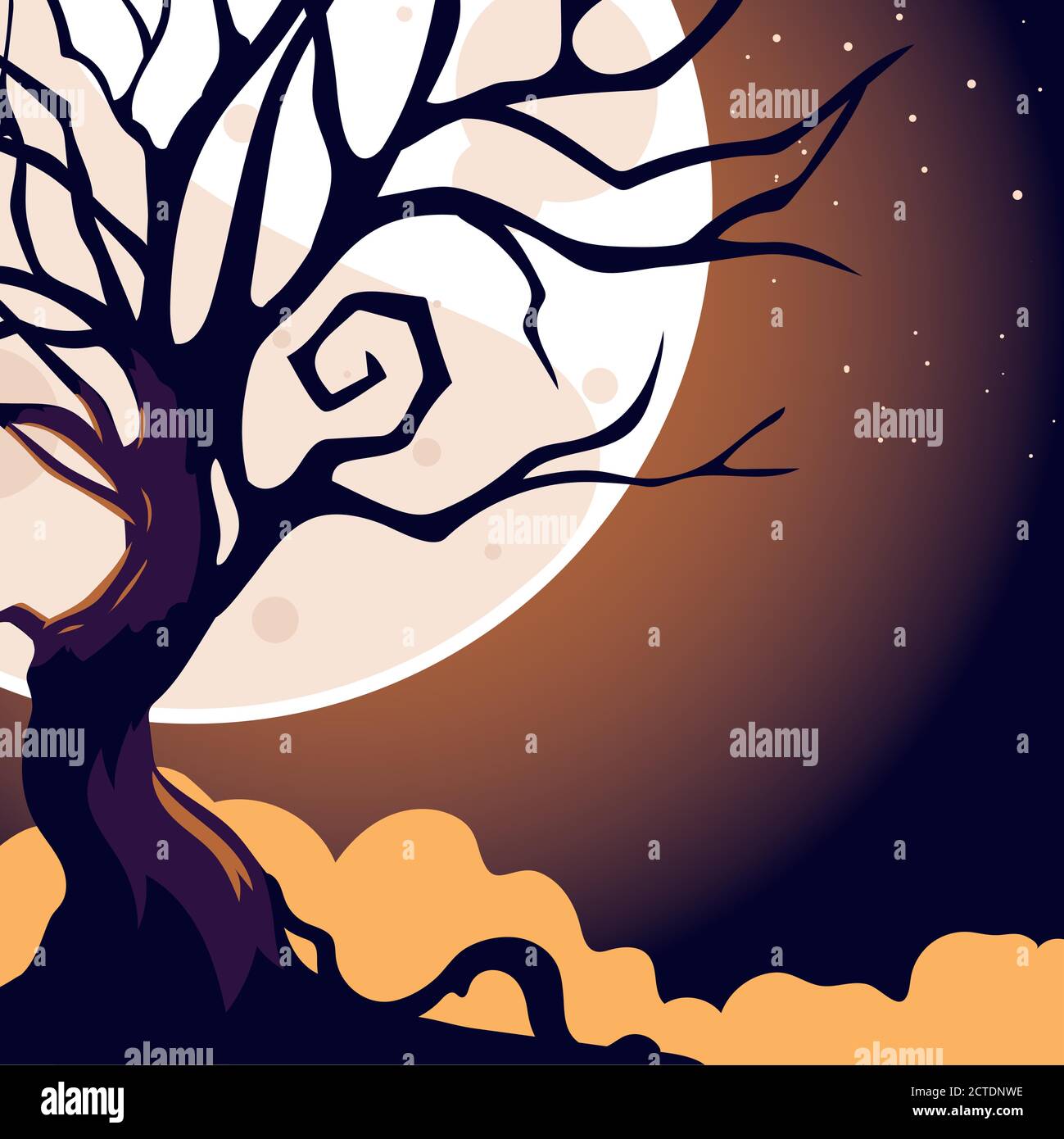 halloween dark night background with full moon and scary tree vector ...