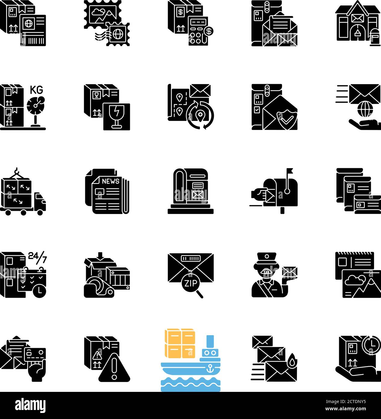 Postal services black glyph icons set on white space Stock Vector