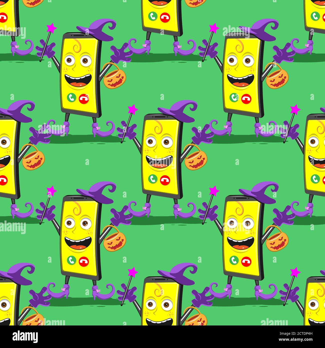 seamless pattern of funny cartoon smartphone in the hat and boots for Halloween on a green background. Vector image Stock Vector