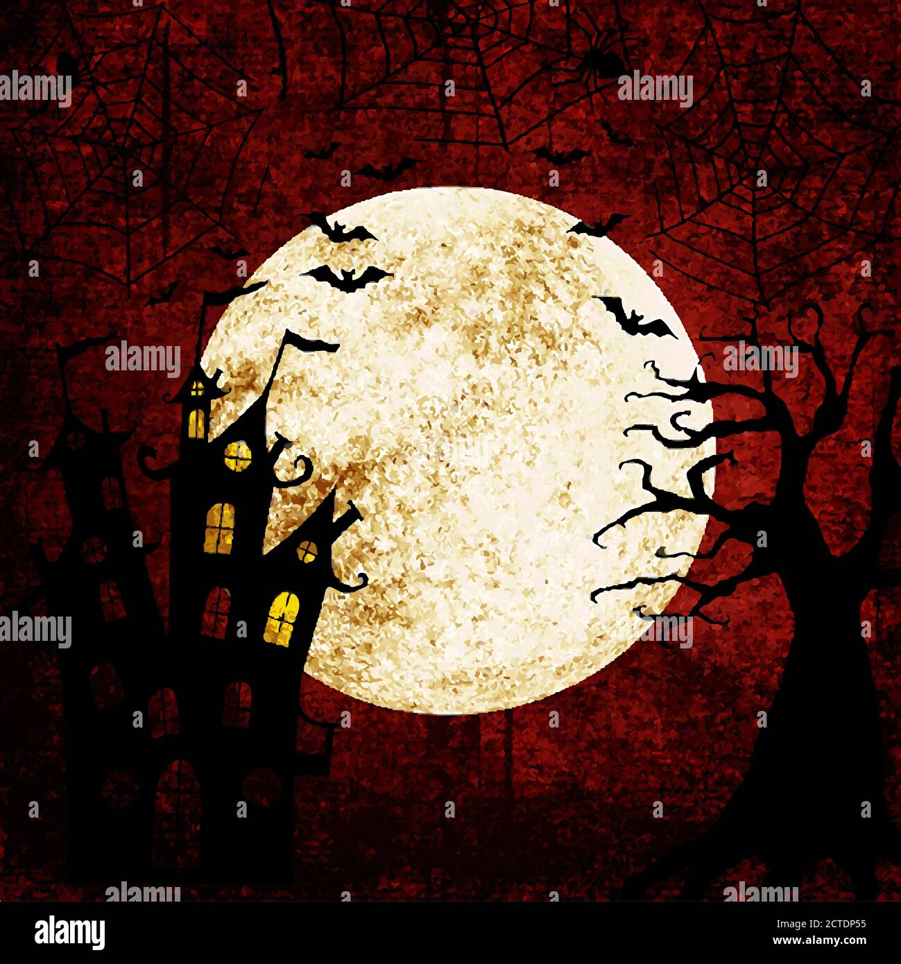 Halloween bloody red grunge background with full moon, silhouettes of bats, terrible dead tree, castle, webs and spiders on dark spooky night sky. Hal Stock Vector