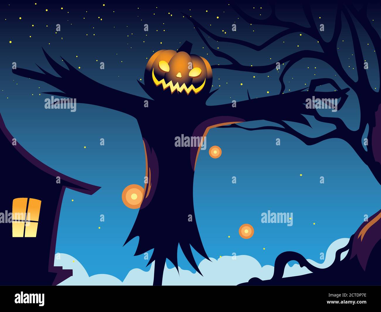 halloween dark night background with scarecrow vector illustration ...
