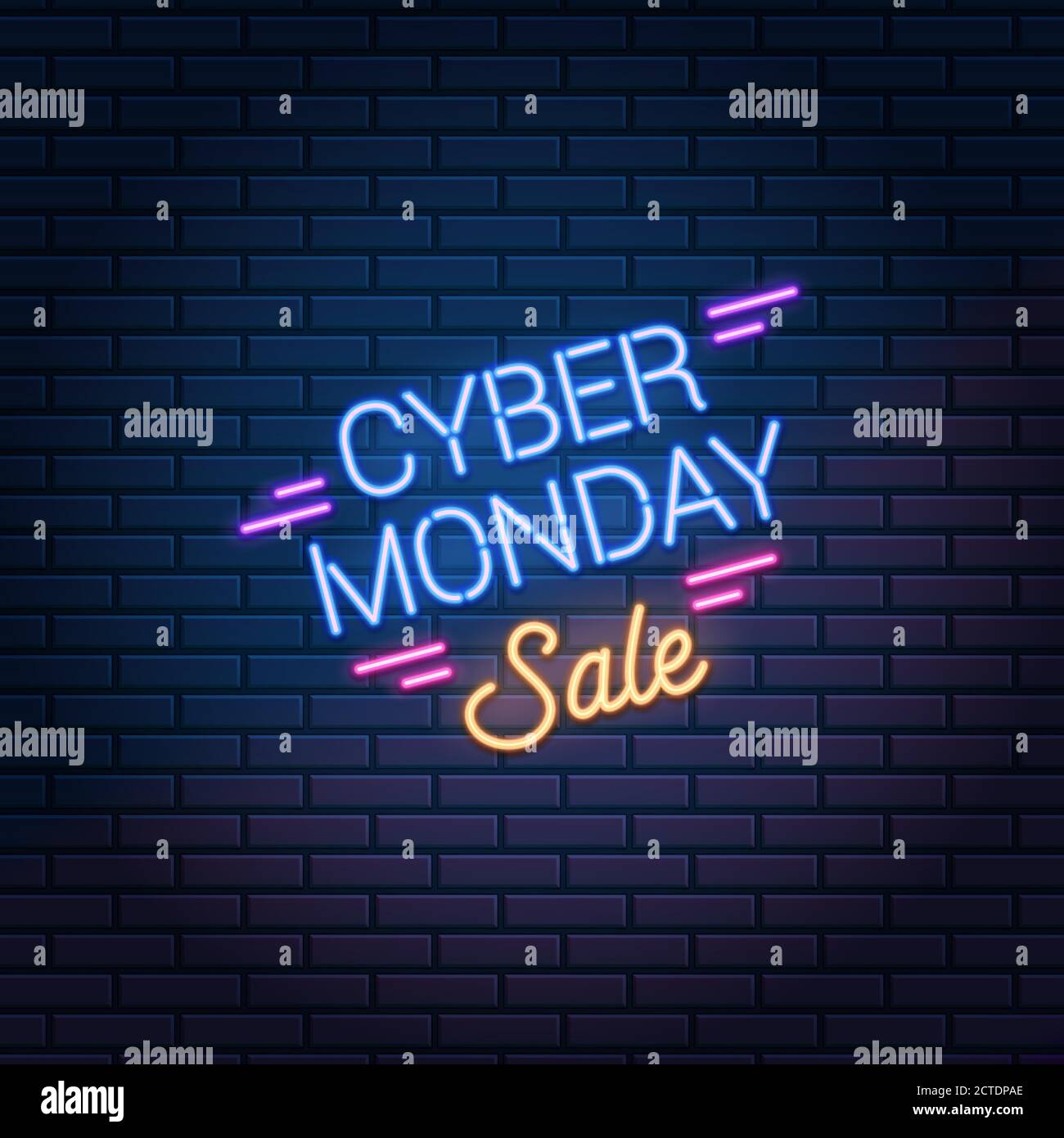Cyber Monday Sale neon sign on dark brick wall background. Super discounts shopping promo, vector illustration Stock Vector