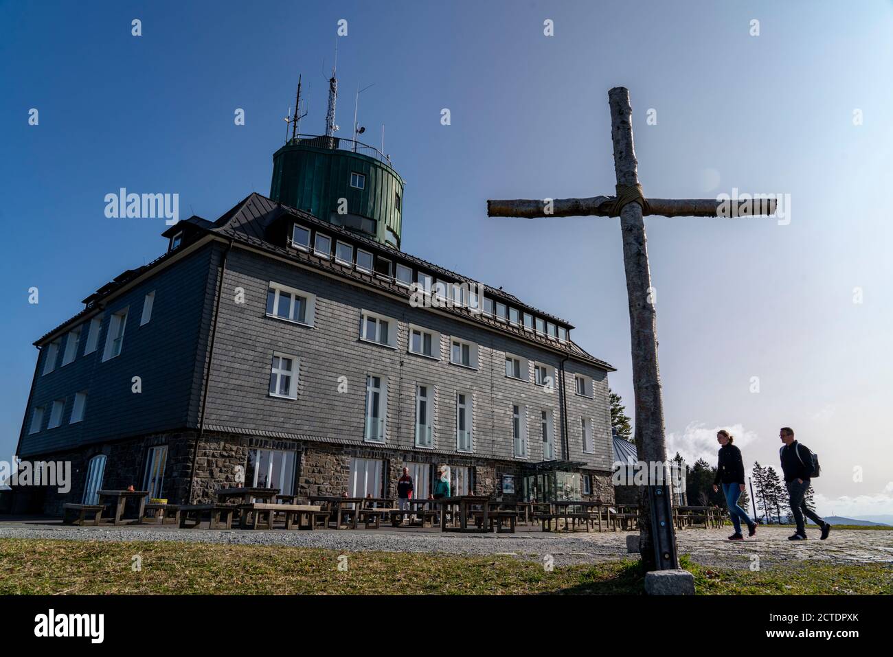 Summit cross, Asten Turm, observation tower, weather station, exhibition, restaurant, hotel.  Kahler Asten, Rothaargebirge, Hochsauerlandkreis, highes Stock Photo