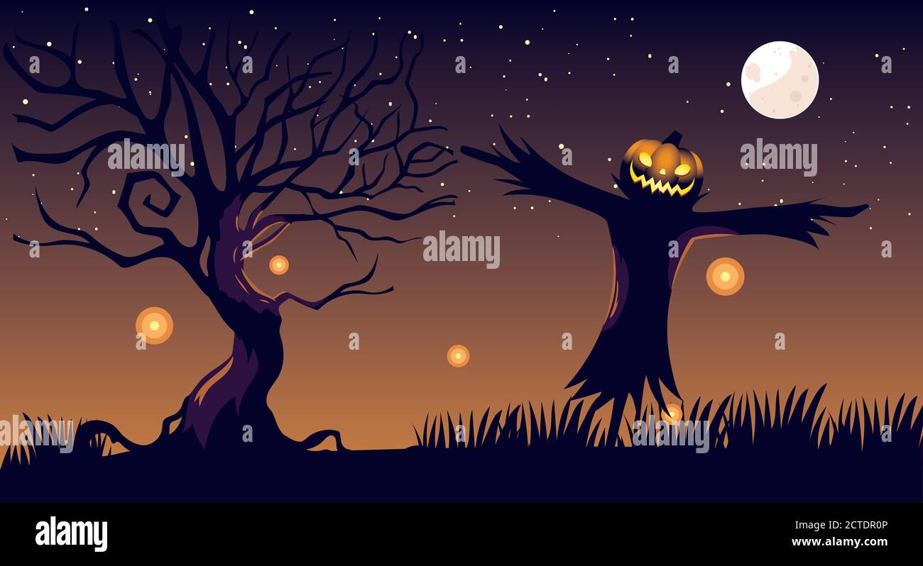 halloween dark night background with scarecrow and full moon vector ...