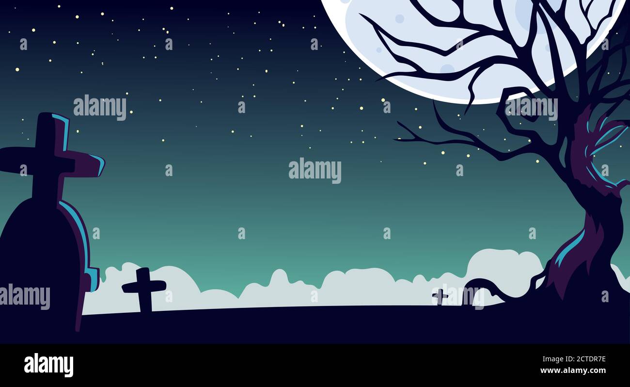 halloween night background with a cemetery and a moon vector ...