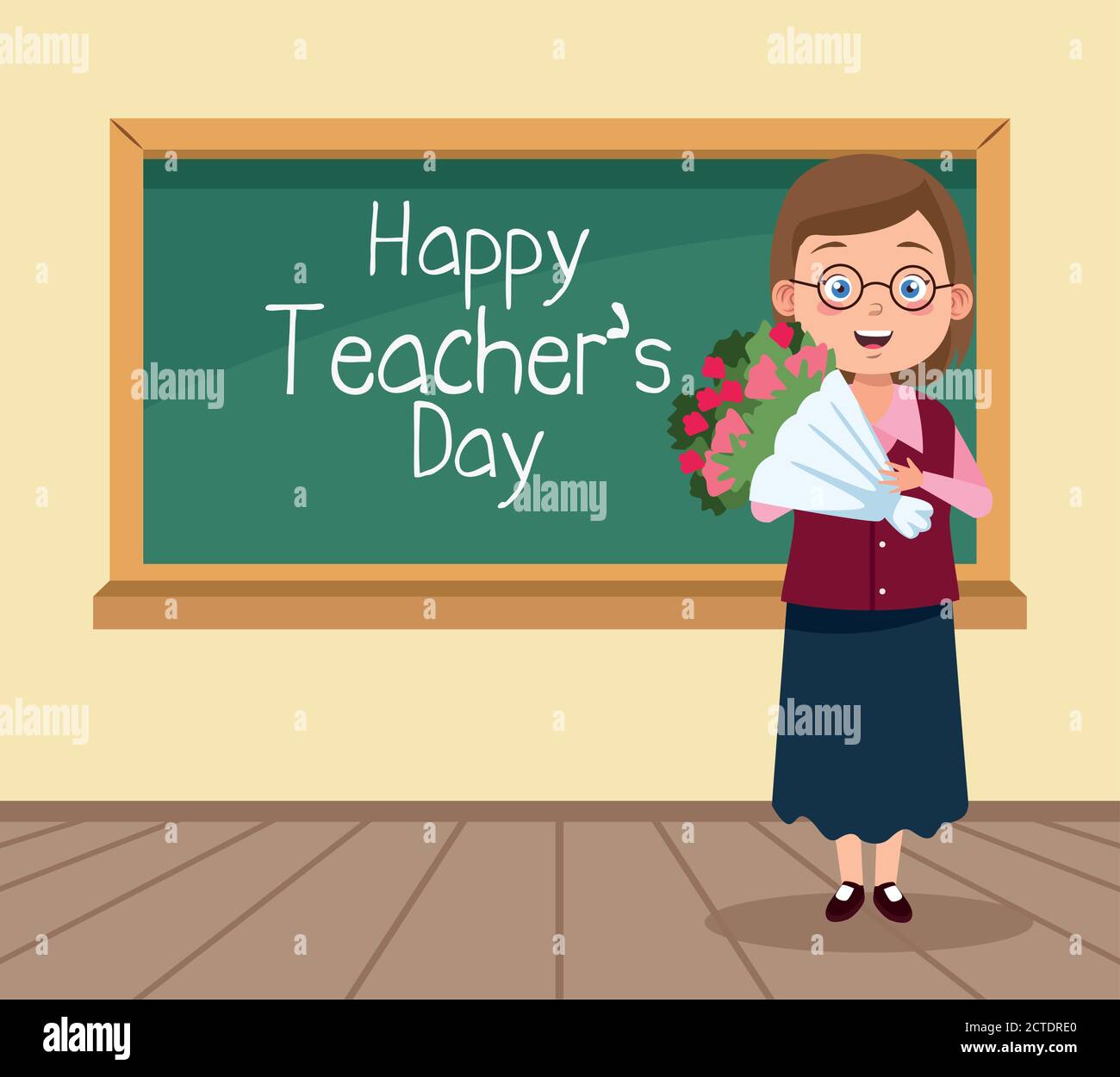 happy teachers day scene with teacher and flowers in classroom vector