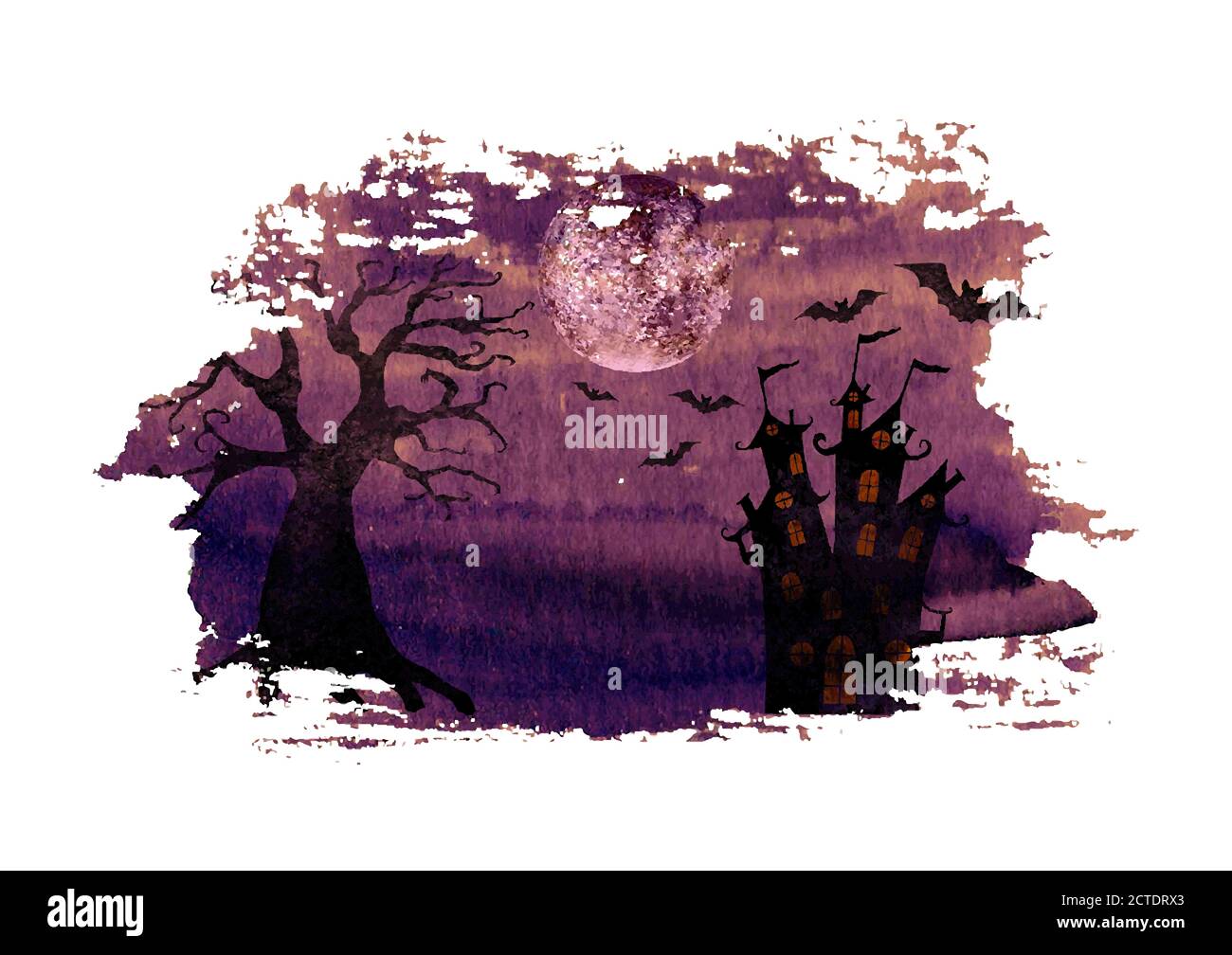 Halloween background with silhouettes of terrible dead tree, castle, bats and full moon on watercolor hand drawn dark purple spooky night sky stain ba Stock Vector