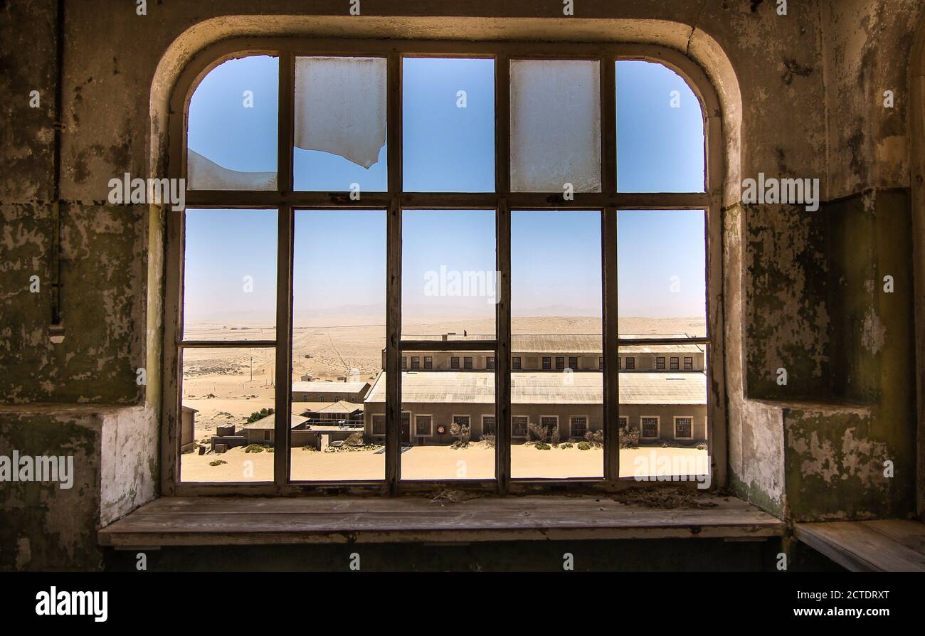 Broken Window in Namib Desert, Lost village Stock Photo
