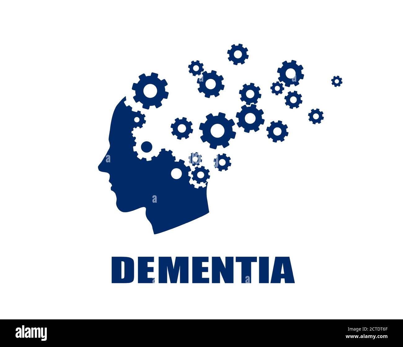 Memory loss due to dementia or Alzheimer's disease. Vector shape of a human head losing gears as symbol of declining mind function. Stock Vector