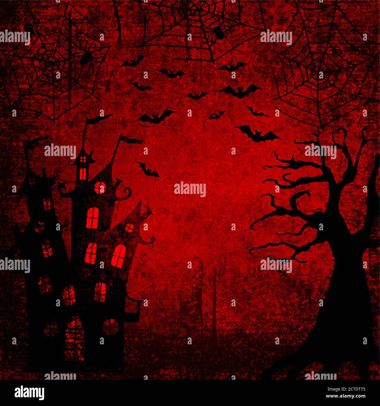 Halloween bloody red grunge background with silhouettes of bats, terrible dead tree, castle, webs and spiders on dark spooky night sky. Halloween, hor Stock Vector