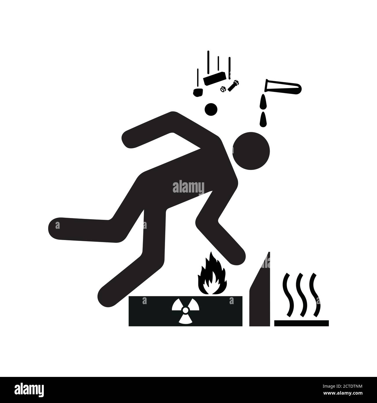 Stick figure with bad luck stumbles and several accidents happen at the same time Stock Vector