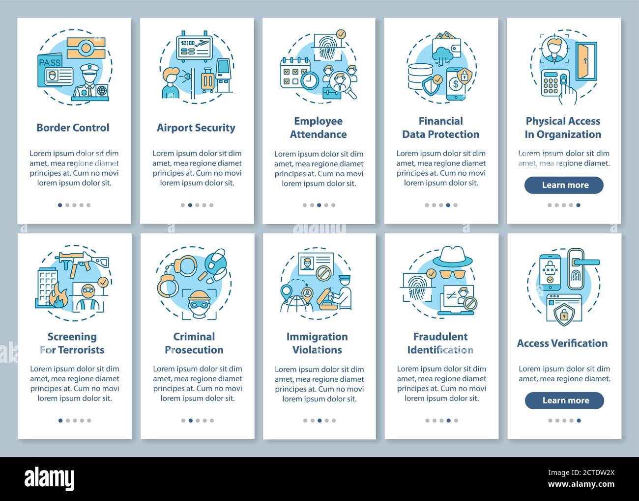 Biometrics usage onboarding mobile app page screen with concepts set Stock Vector