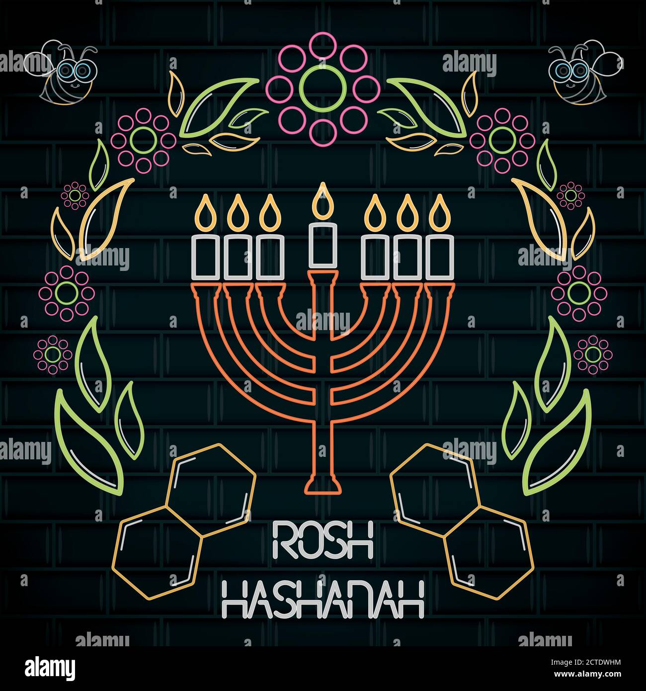 Rosh Hashanah neon poster with a menorah Vector Stock Vector Image