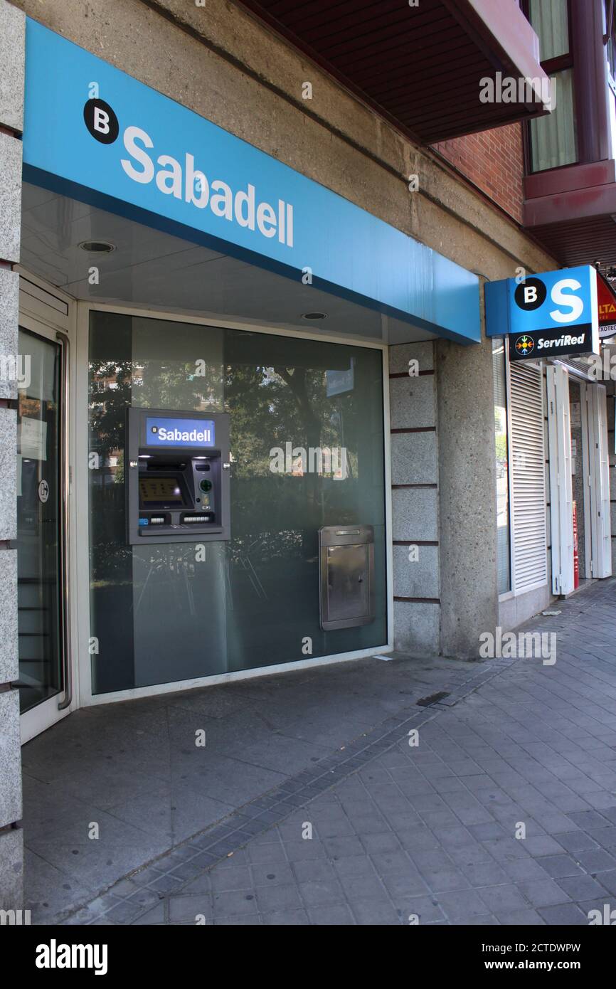Banco Sabadell branch in Madrid (Spain). Banco Sabadell has risen on the stock market in recent sessions thanks to rumors of new bank mergers. Stock Photo