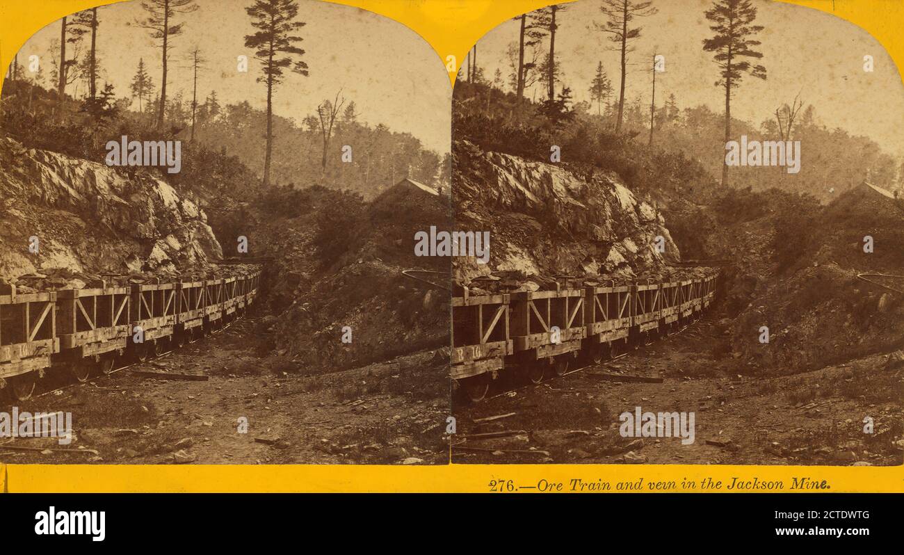 Ore train and van in the Jackson Iron Mine., 1867, Iron mining, Mine railroad cars, Michigan Stock Photo