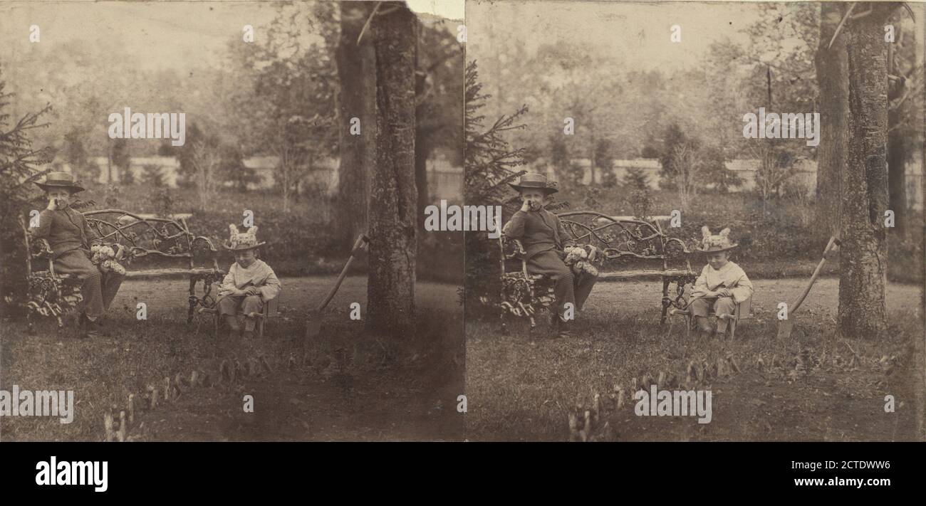Two boys sitting in a garden., Boys, Gardens, Benches, Lilacs, New