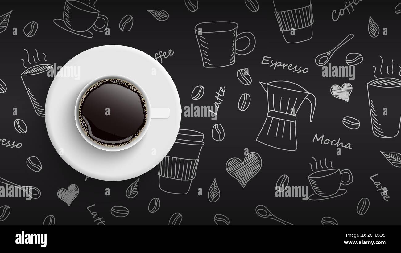 Coffee cup on hand drawn doodle coffee background, vector illustration