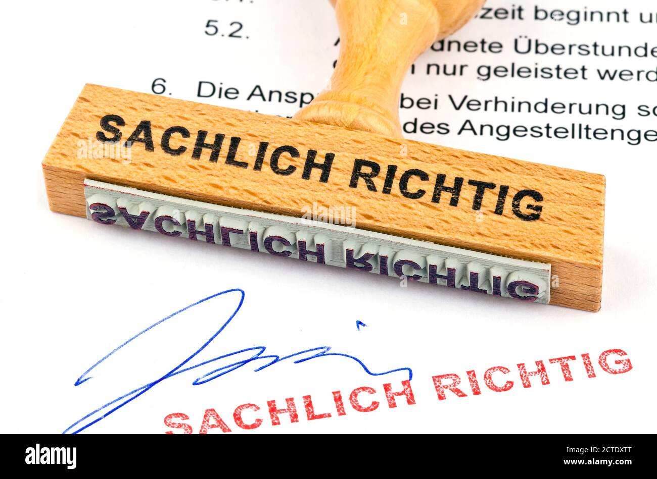stamp lettering Sachlich richtig, factual correct, on a document, Austria Stock Photo