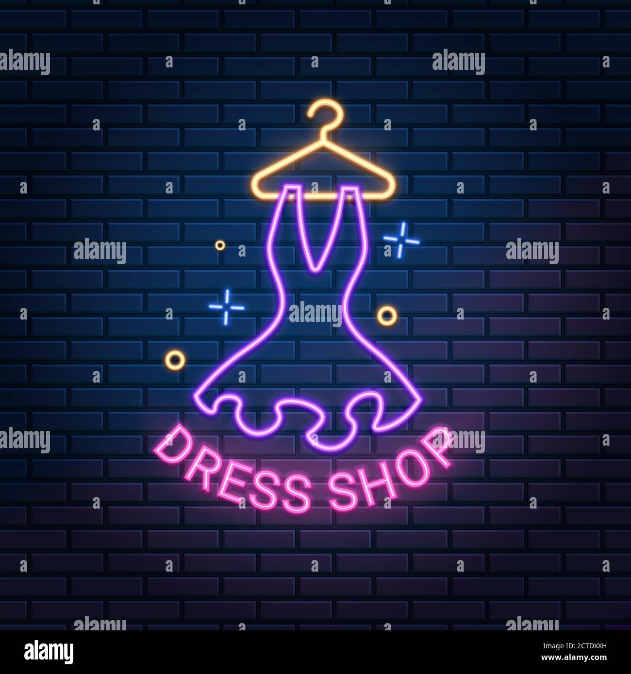 Dress shop neon light sign on dark brick wall background, vector illustration. Dressmaker, atelier, showroom, tailor, boutique banner Stock Vector