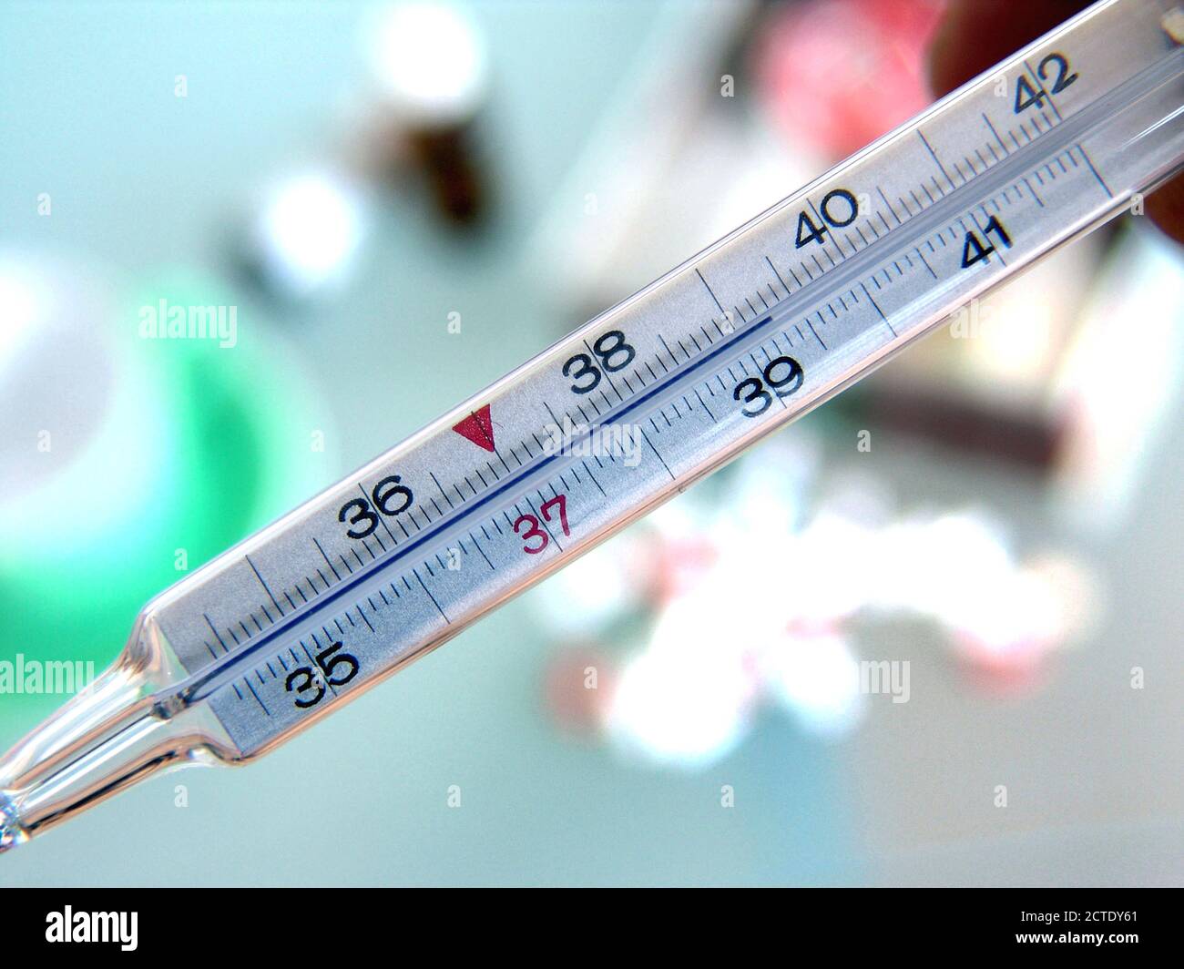 thermometer shows fever of 37 degree centigrade, Europe Stock Photo