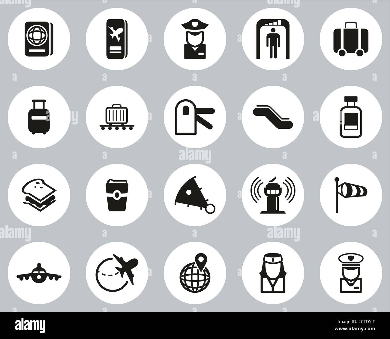 Airport Icons Black & White Flat Design Circle Set Big Stock Vector ...