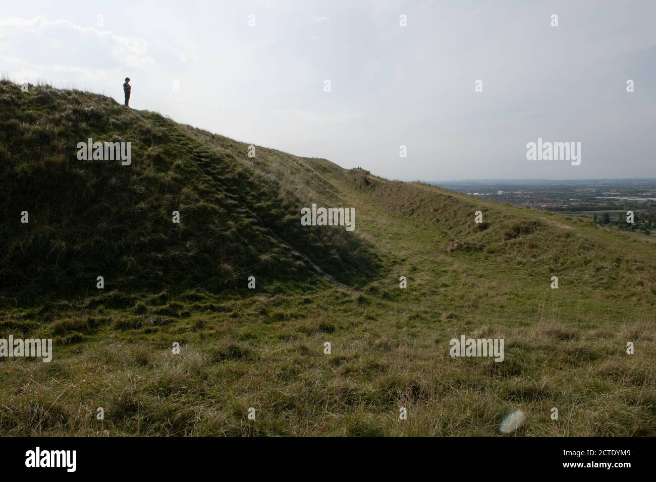 Defensive banks and ditches, Bratton Camp, Wiltshire, UK Stock Photo