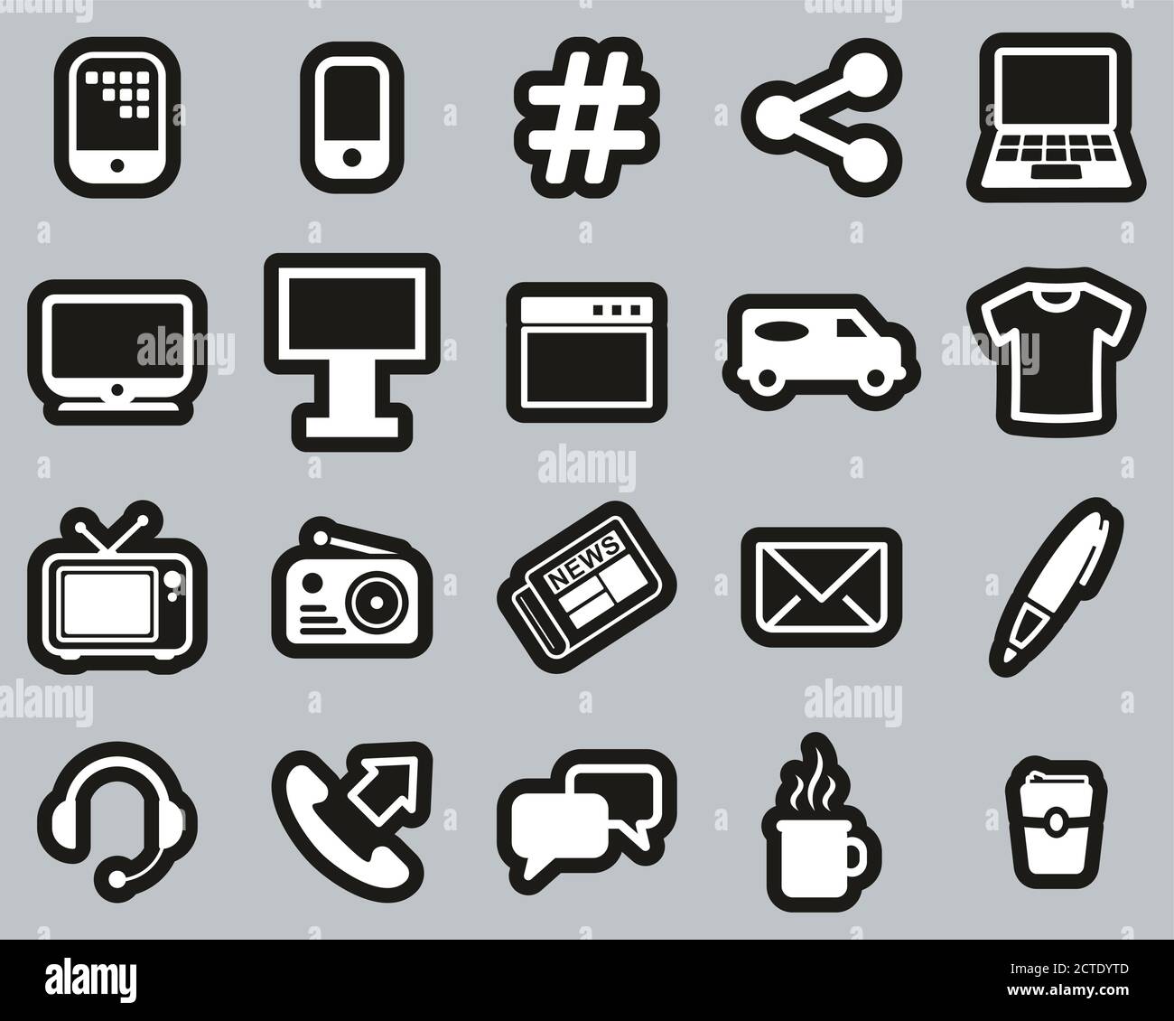 Advertising Media Icons White On Black Sticker Set Big Stock Vector ...
