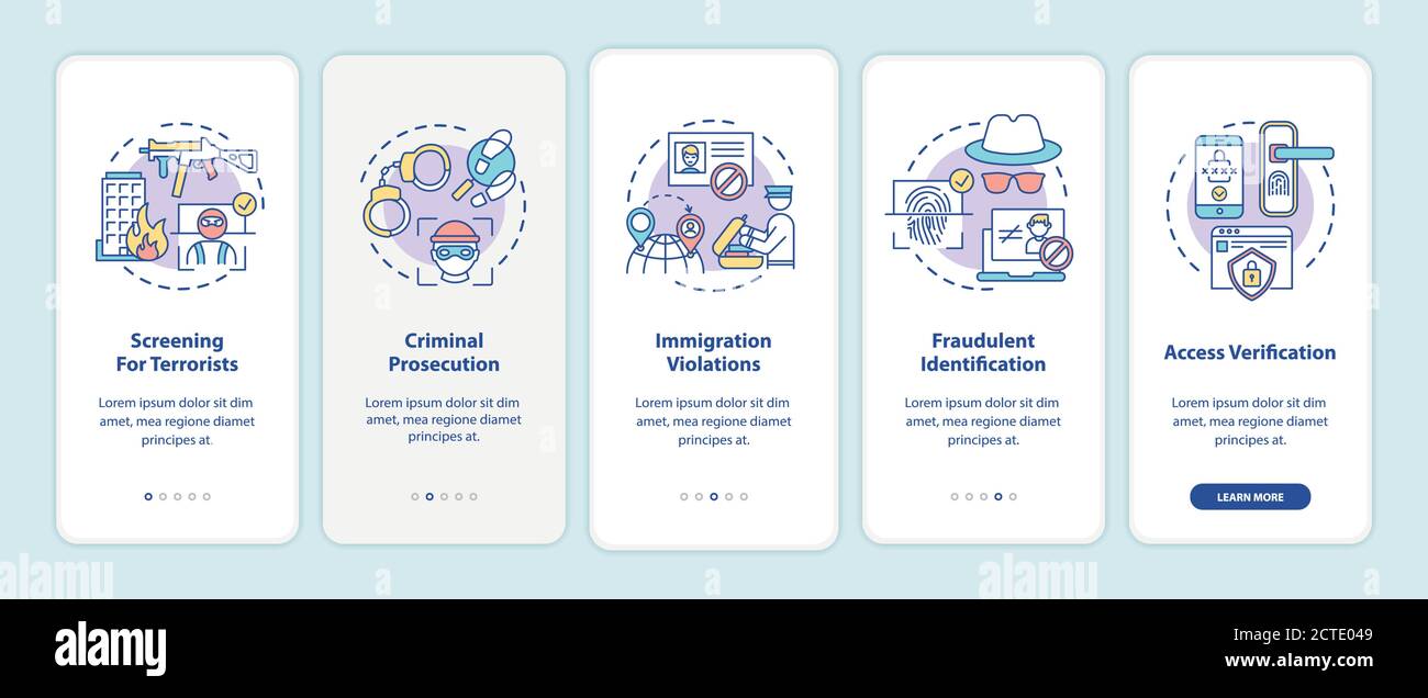 Biometrics usage onboarding mobile app page screen with concepts Stock Vector