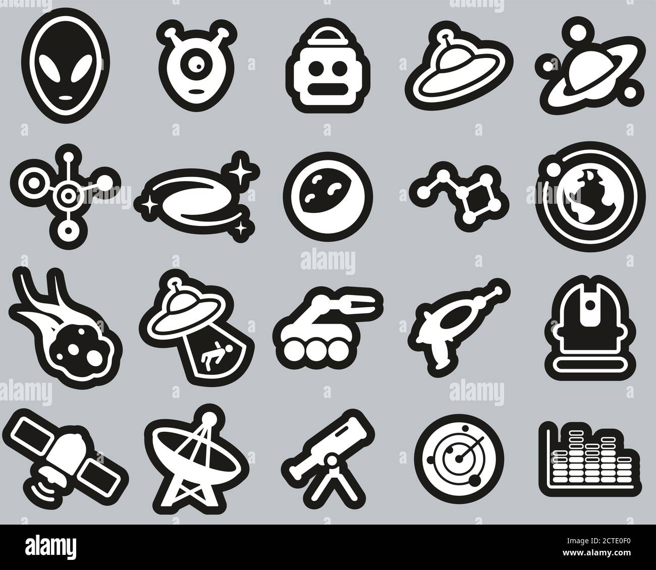 Alien Or Extraterrestrial Icons White On Black Sticker Set Big Stock ...