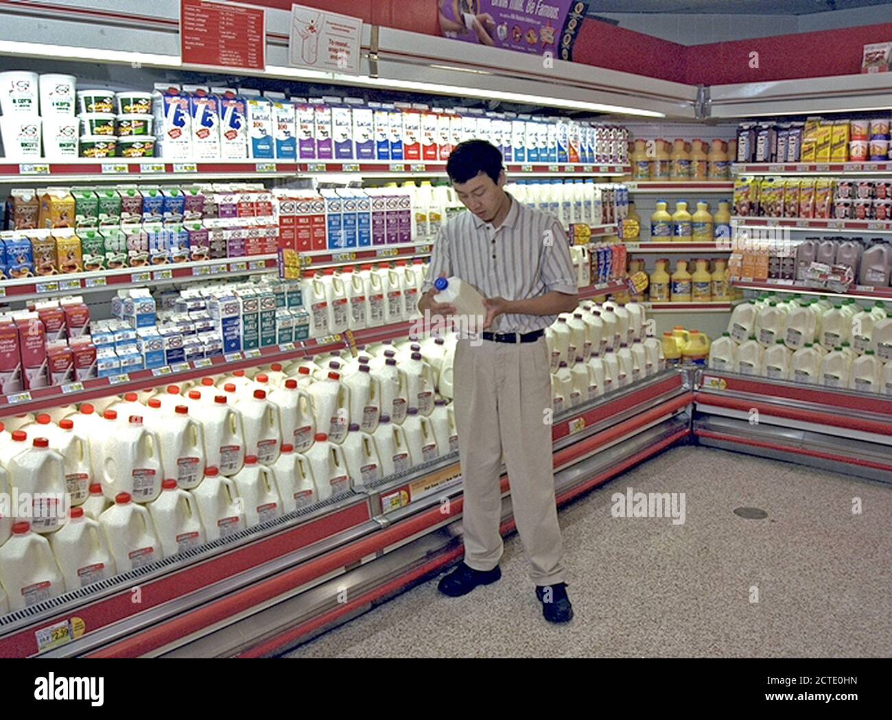 June 2000 Shopper Examines Label On Milk In Dairy Section Of Grocery
