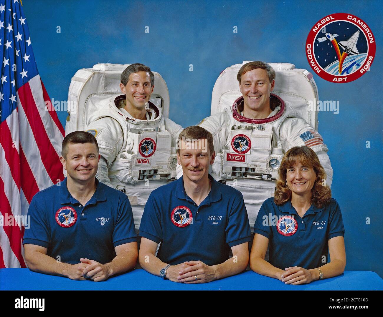 Pictured from left to right are Kenneth D. (Ken) Cameron, pilot; Jay Apt, mission specialist; Steven R. Nagel, commander; and Jerry L. Ross and Linda M. Godwin, mission specialists. Stock Photo