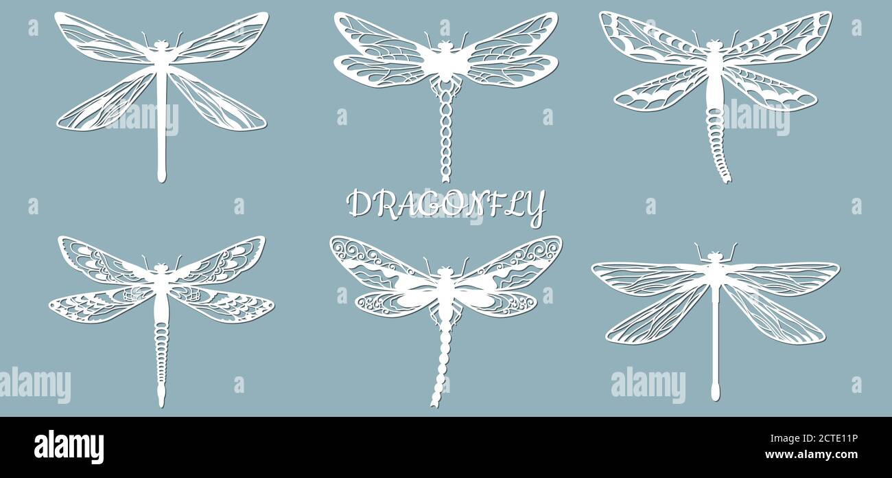 Image with the inscription-draconfly. Set. Template draconfly for laser cutting, plotter and scrapbooking. Production, design and decoration of postca Stock Vector