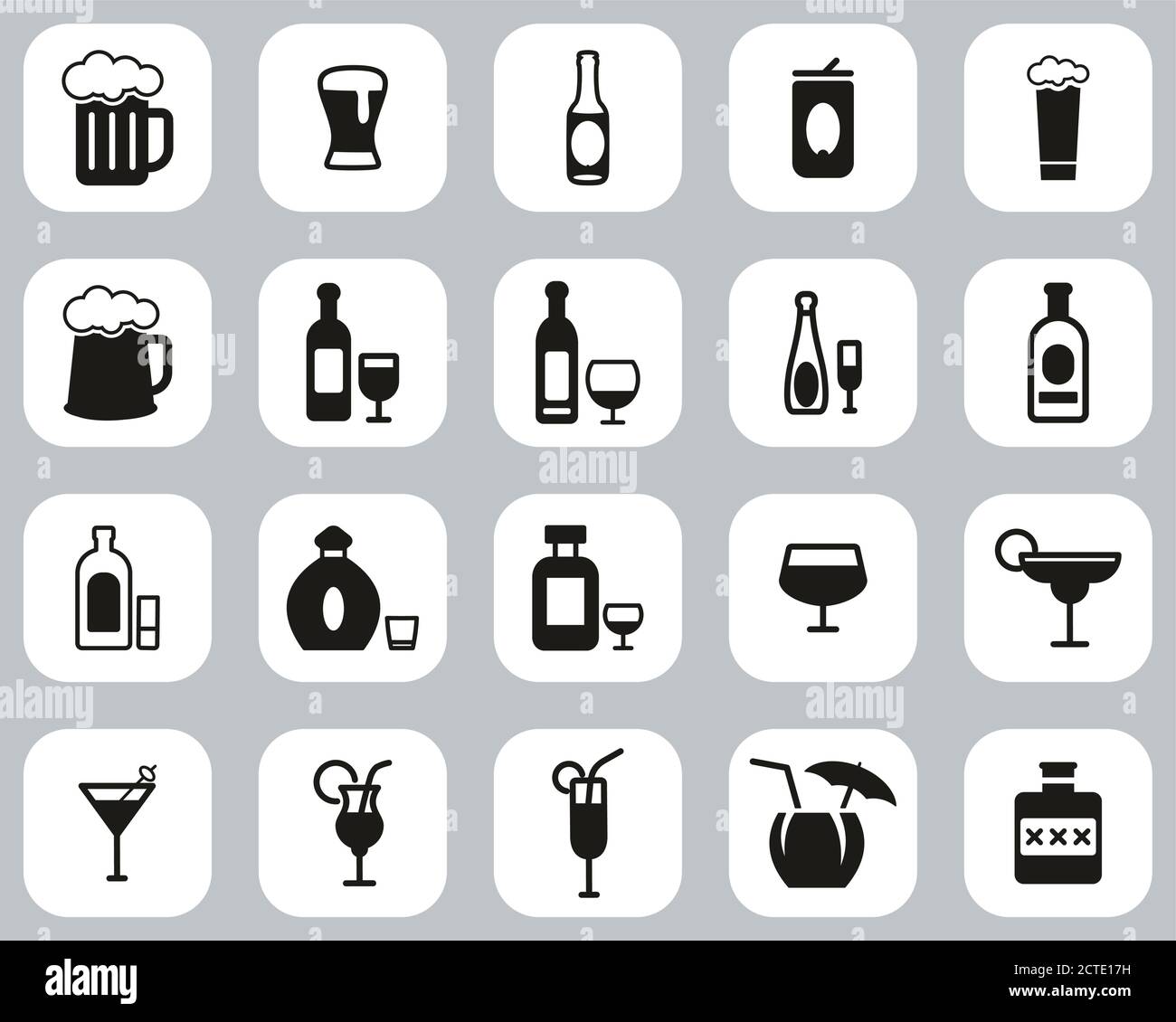 Alcoholic Drinks Icons Black & White Flat Design Set Big Stock Vector
