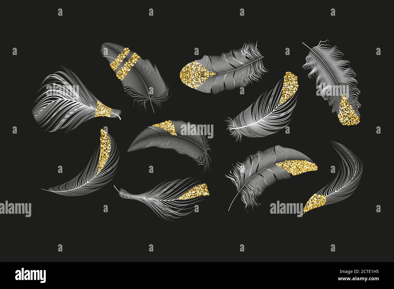 Vector gold,pink ,silver feathers collection set on a white background ...