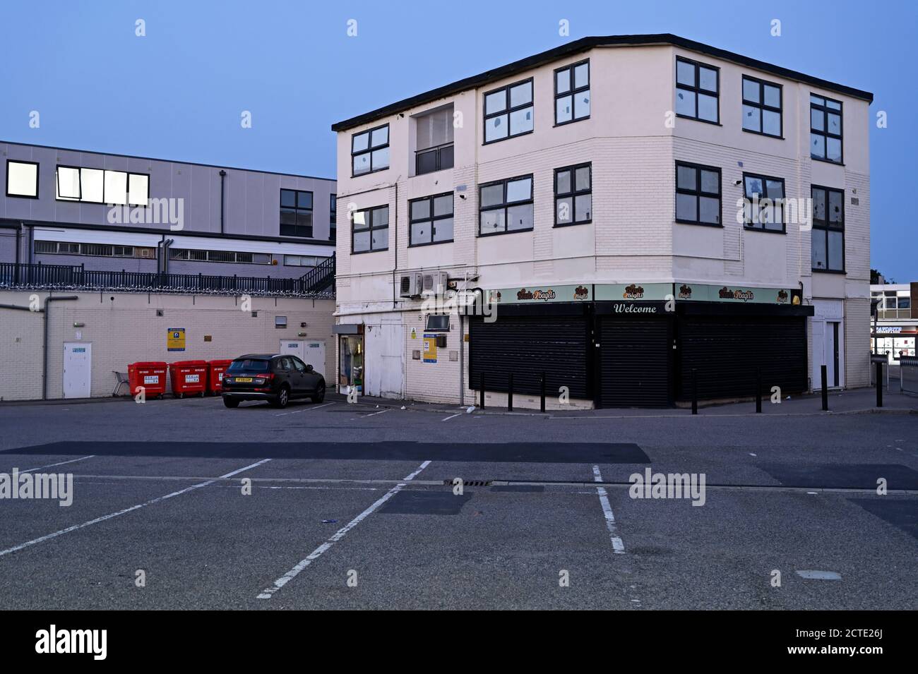 Rear of The Willows shopping centre showing the car park in Market Road, Wickford, Essex. UK. Formerly Willowdale Centre. Stock Photo