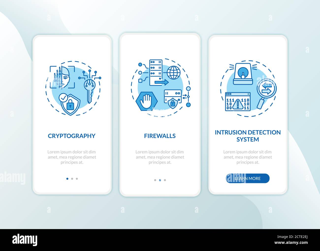 Cybersecurity measures onboarding mobile app page screen with concepts Stock Vector