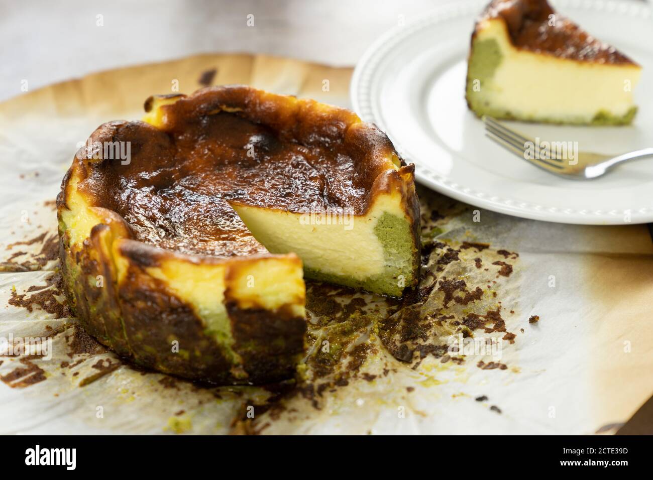 Matcha basque burnt cheesecake Stock Photo
