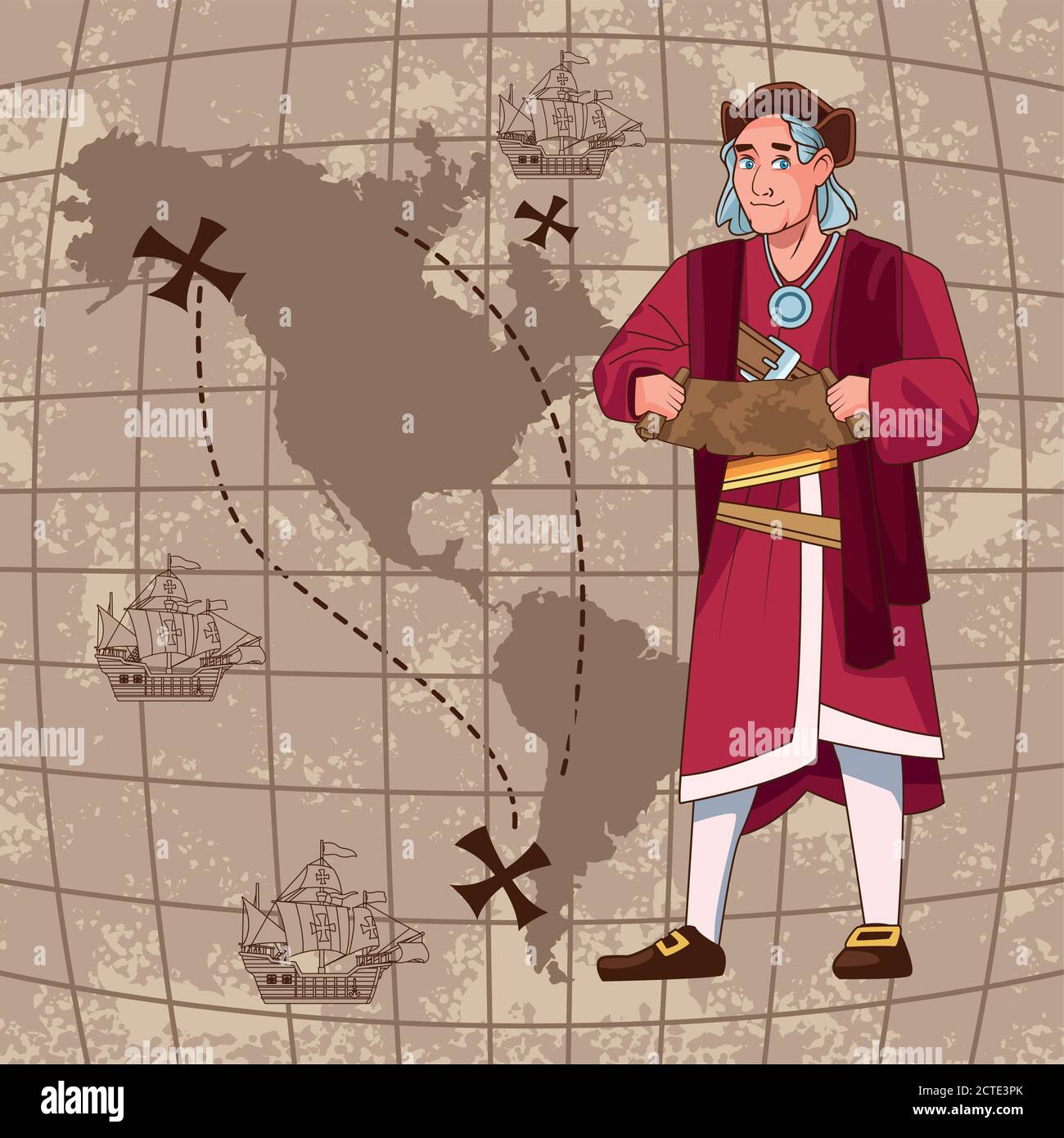 Columbus day celebration scene of christopher lifting map paper guide