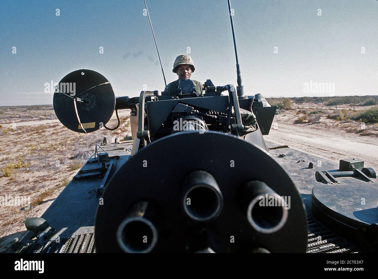 1972 - A U.S. Army soldier mans an M-163A1 Vulcan self-propelled anti-aircraft gun during a field exercise. Stock Photo