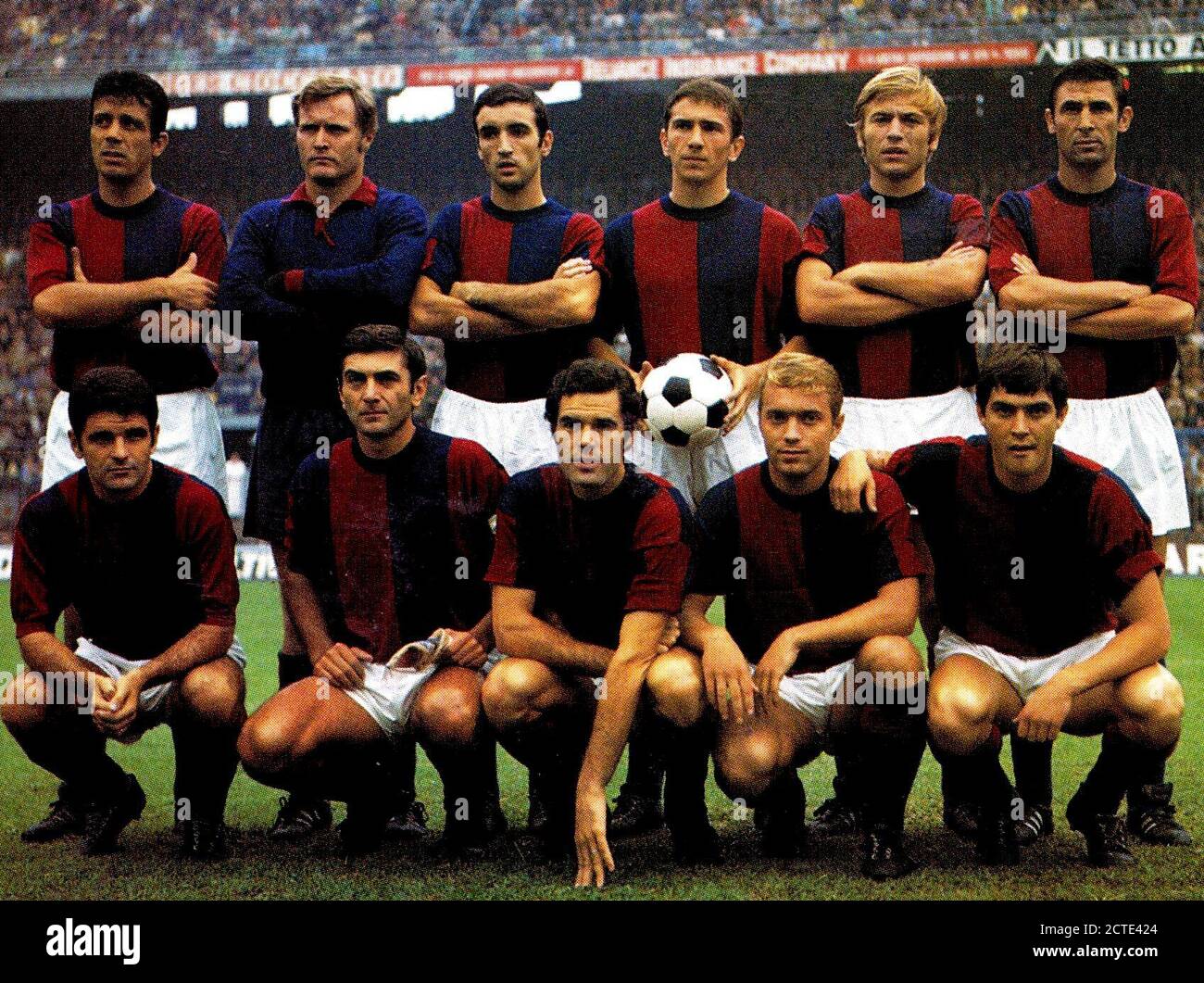 Milan, San Siro, September 14, 1969. A line-up of Bologna F.C. took to the field in the away defeat versus Inter Milan (0-1), Matchday 1 of the Italian Championship 1969–70 Serie A. From left to right, standing: F. Janich, G. Vavassori, F. Cresci, G. Savoldi, T. Roversi, M. Ardizzon; crouched: M. Perani, G. Bulgarelli (captain), L. Mujesan, I. Gregori, A. Scala. Stock Photo