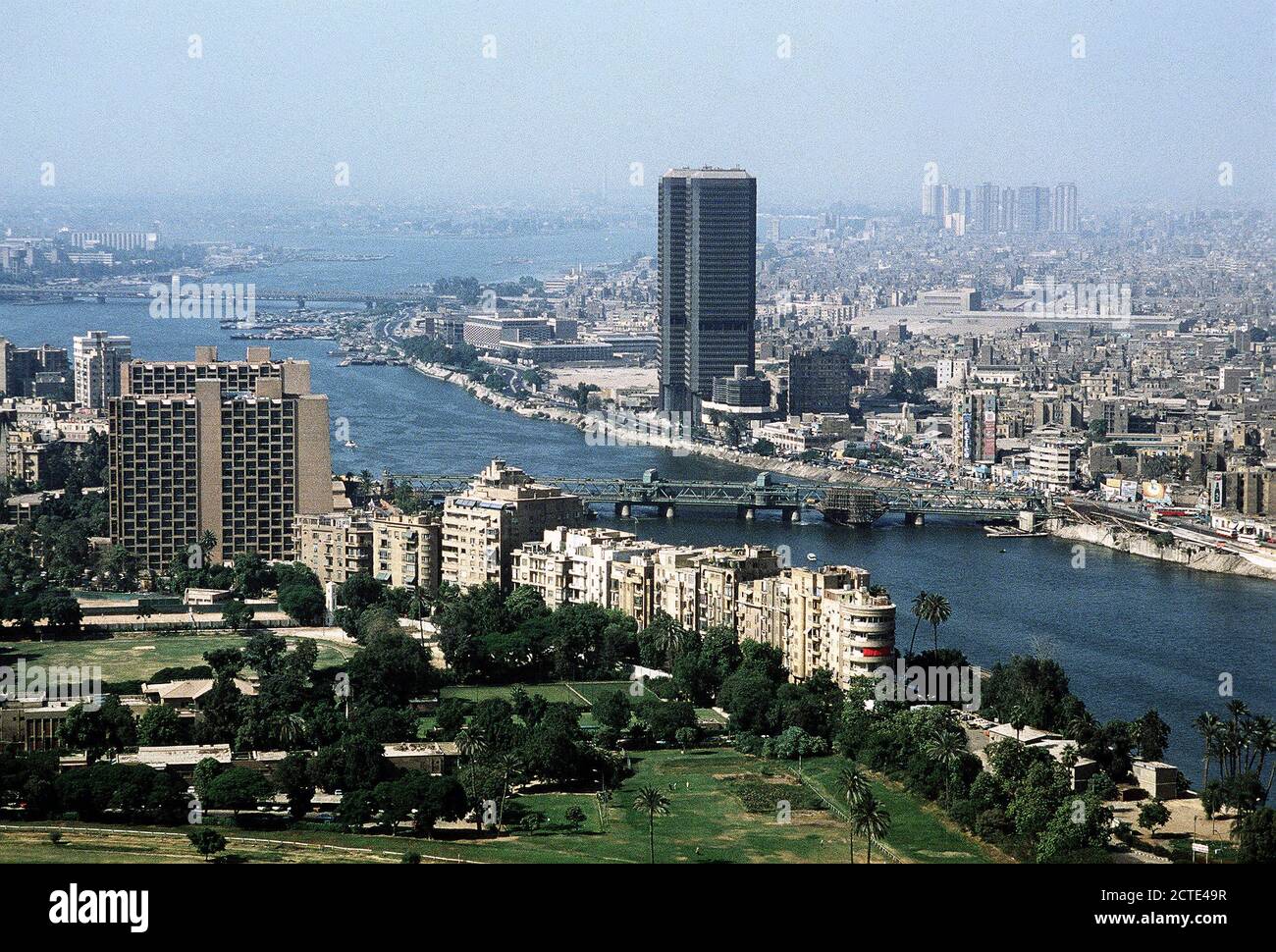 High angle view of the city of Cairo showing the Nile river, high rise ...