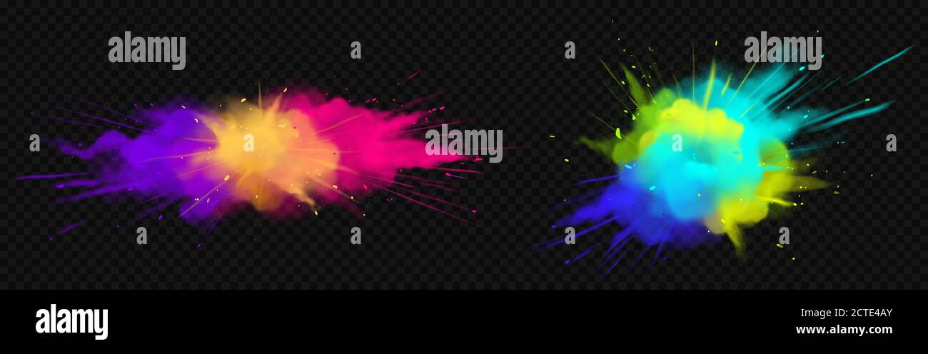Color powder explosions isolated on transparent background. Splash of paint dust with particles. Vector realistic set of burst effect of colorful powder clouds Stock Vector